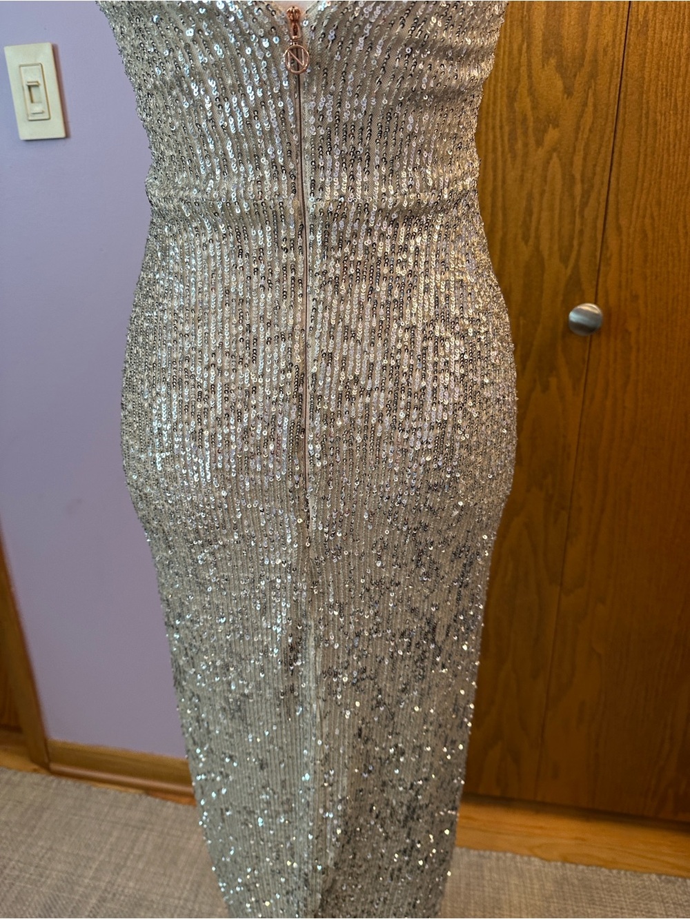 Nookie Lovers Nothings Sequin Spaghetti-Strap Evening Gown in Silver size small. - Picture 9 of 16